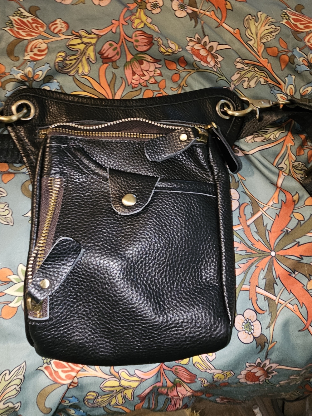 Black Pebbled Leather Crossbody Bag with Gold Hardware